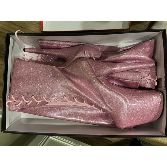 Pleaser Shoes USA Thigh High Pink Sparkle Boots with 8” Heel, Lace-Up Front - Picture 2 of 3